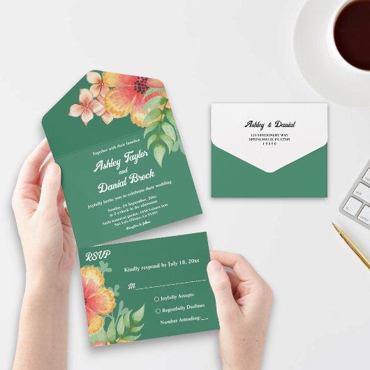 ボエレガントタニカルバラグリーン秋フローラ結婚ズ オールインワン招待状