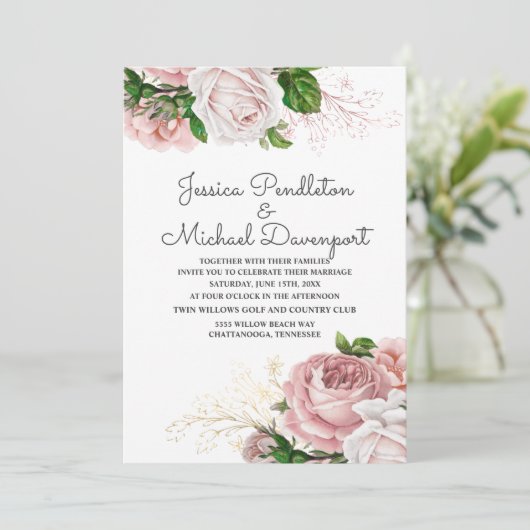 ボエレガントタニカルバラピンクフローラホワイト結婚ズ 招待状 (スタンド正面)