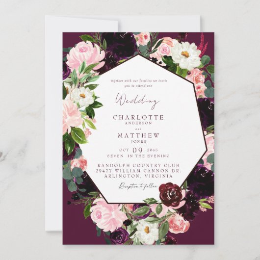 ボエレガントタニカルブルゴーニュ赤面フローラ 招待状 (正面)