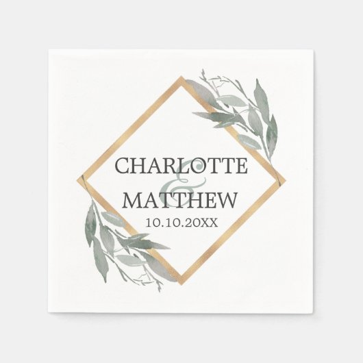 ボエレガントタニカルリーフセージ緑の金ゴールド結婚ズ スタンダードカクテルナプキン (正面)