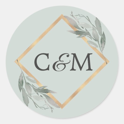 ボエレガントタニカルリーフセージ緑の金ゴールド結婚ズ ラウンドシール (正面)