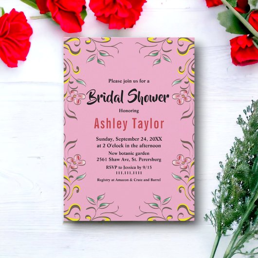ボエレガントタニカル赤面ピンクフローラブライダルシャワー 招待状