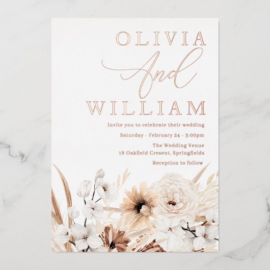 ボエレガントホフローラバラ結婚金ゴールド 箔招待状 (正面)