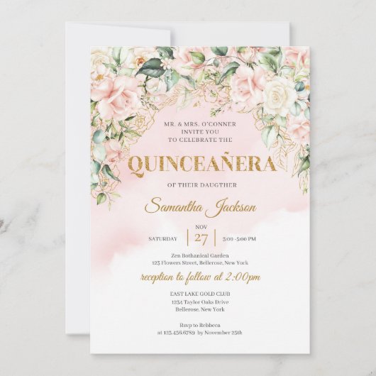 ボエレガントホ赤面フローラ金ゴールドグリッターキンセアニェラ 招待状 (正面)