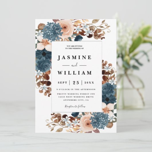 ボエレガント素朴ホフローラネイビーブルー結婚ズ 招待状 (スタンド正面)