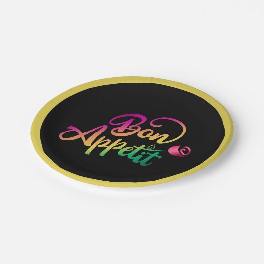 ボオエレガントフランスのン食欲引用文イエローブラックパップ ペーパープレート (アングル)
