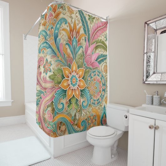 ボカラフルホろうけつ染めフローラ植物水彩 シャワーカーテン (インサイチュ)