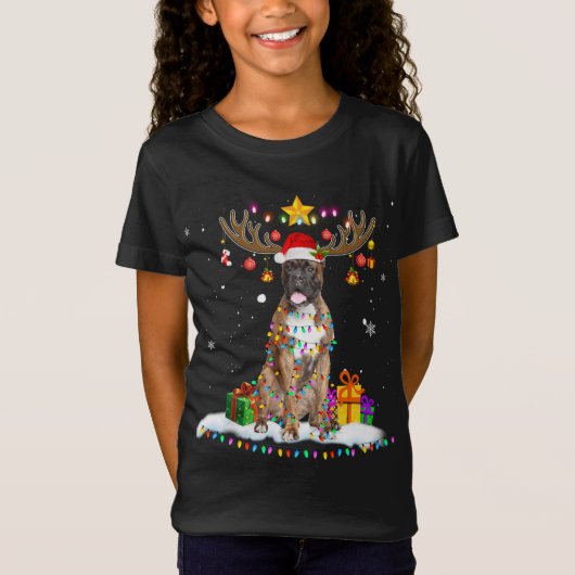ボクサーおもしろいドッグのトナカイのクリスマスライト Tシャツ (正面)