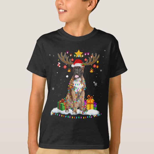 ボクサーおもしろいドッグのトナカイのクリスマスライト Tシャツ (正面)