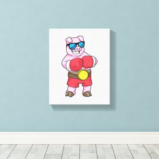 ボクサーとしての豚とボクシング手袋 キャンバスプリント (インサイチュ (ウッドフロア))