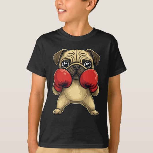 ボクサーの服を着た犬のパグおもしろいボクシング Tシャツ (正面)