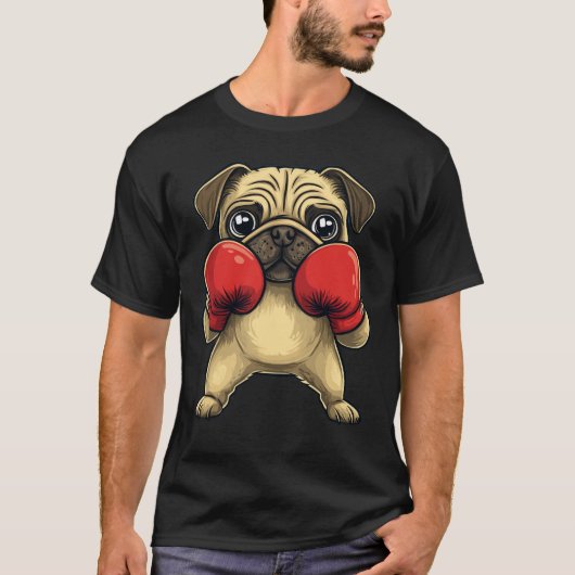 ボクサーの服を着た犬のパグおもしろいボクシング Tシャツ (正面)