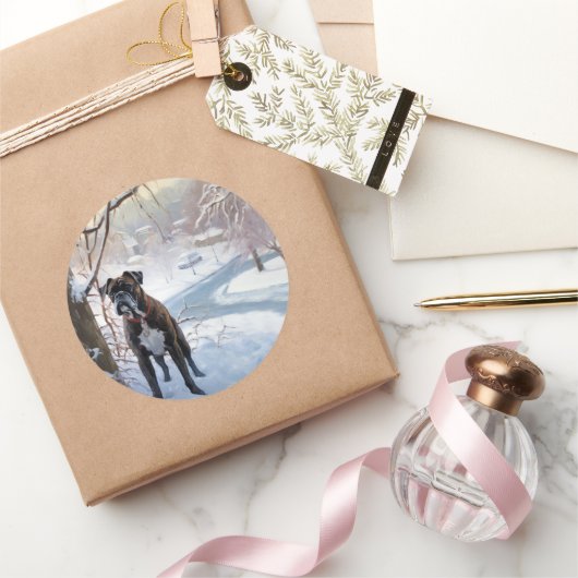 ボクサーは雪のクリスマスを過ごした ラウンドシール (ギフト)