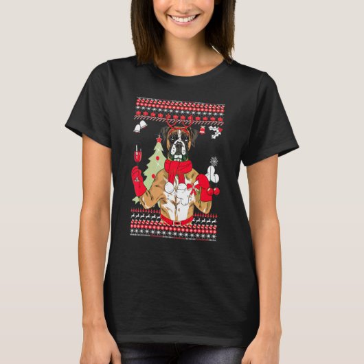 ボクサークリスマスツリーオーナメントデコールおもしろい犬Xma Tシャツ (正面)
