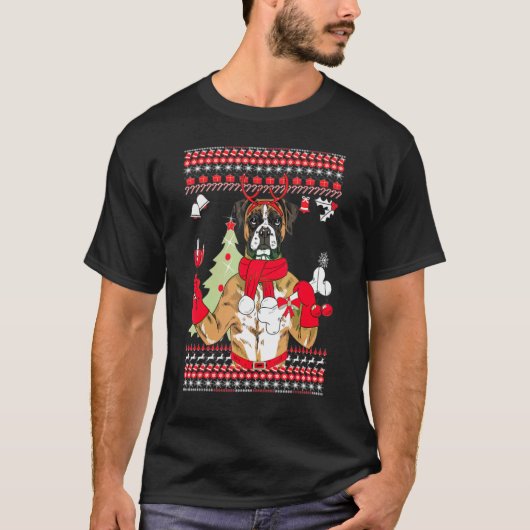 ボクサークリスマスツリーオーナメントデコールおもしろい犬Xma Tシャツ (正面)