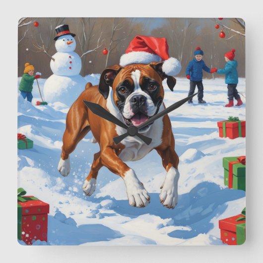 ボクサークリスマスフェスティバル雪景色 スクエア壁時計 (正面)