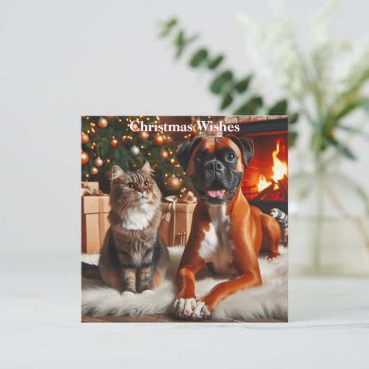 ボクサードッグと猫のクリスマス シーズンカード (スタンド正面)