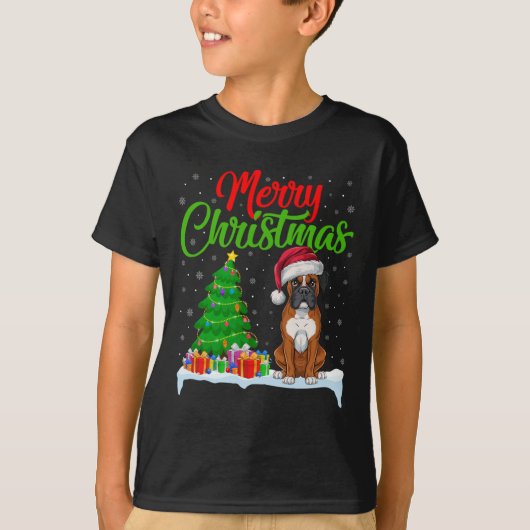 ボクサードッグのクリスマスツリーライトおもしろいクリスマスボクサーD Tシャツ (正面)
