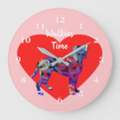 ボクサードッグシルエットバレンタインズデイピンク ラージ壁時計 (正面)