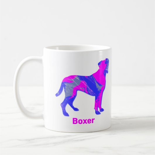 ボクサードッグシルエットホットピンク&ブルーデザインホワイト コーヒーマグカップ (左)