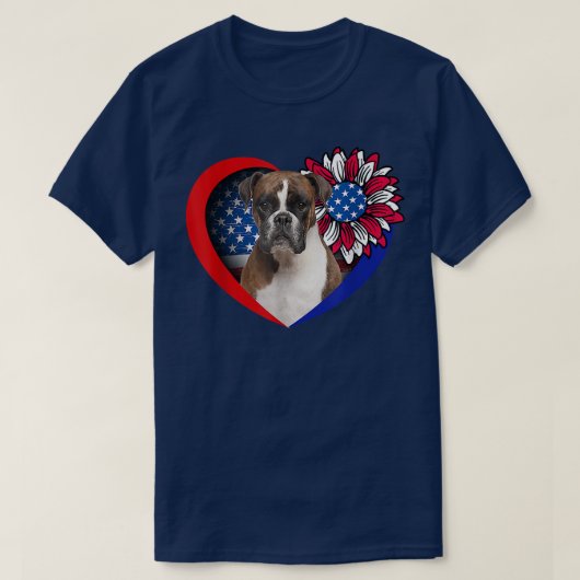 ボクサードッグハート米国国旗7月4日米国国旗 Tシャツ (デザイン正面)