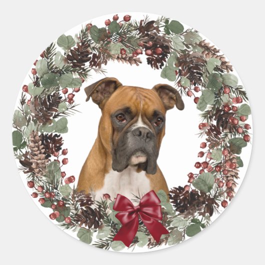 ボクサードッグレッドボウピネコーンリースクリスマス ラウンドシール (正面)