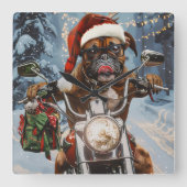 ボクサードッグ バイクに乗る クリスマス スクエア壁時計 (正面)