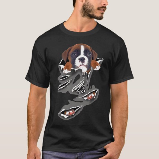 ボクサーハンドバッグ犬の破れた犬ポケット Tシャツ (正面)