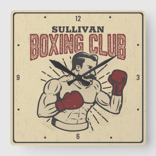 ボクサーパーソナライズされたレトロプリゼファイターボクシングクラブ スクエア壁時計 (正面)