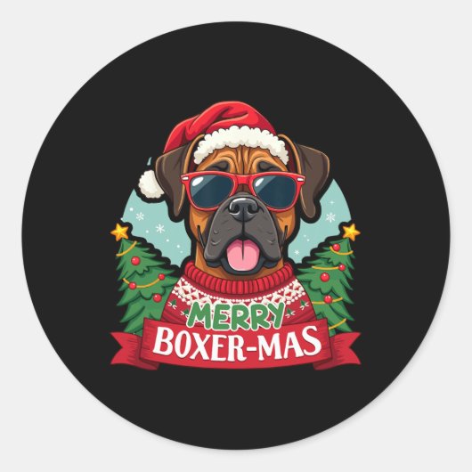ボクサーメリーマスかわいいボクサー犬のクリスマス ラウンドシール (正面)