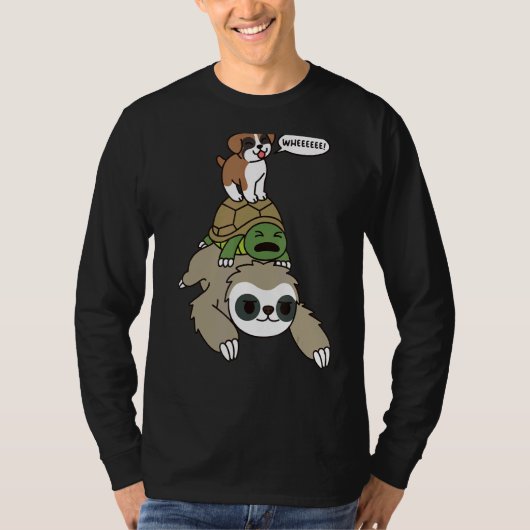 ボクサー犬がナマケガメに乗り込む Tシャツ (正面)