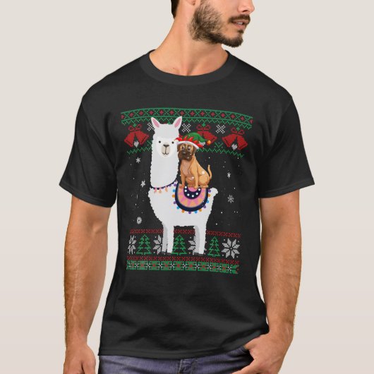ボクサー犬がラマに乗っおもしろいて醜いクリスマス Tシャツ (正面)