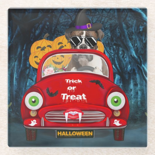 ボクサー犬が車を運転する怖いハロウィン ガラスコースター (正面)