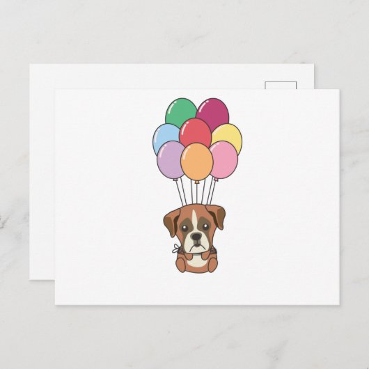 ボクサー犬が風船で飛カラフルぶ ポストカード (正面/裏面)