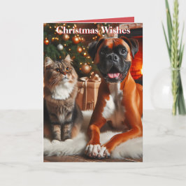 ボクサー犬と猫のクリスマス シーズンカード