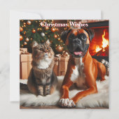 ボクサー犬と猫のクリスマス シーズンカード (正面)