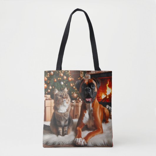 ボクサー犬と猫のクリスマス トートバッグ (正面)