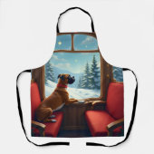ボクサー犬のクリスマスイブ列車の旅の絵画 エプロン (正面)