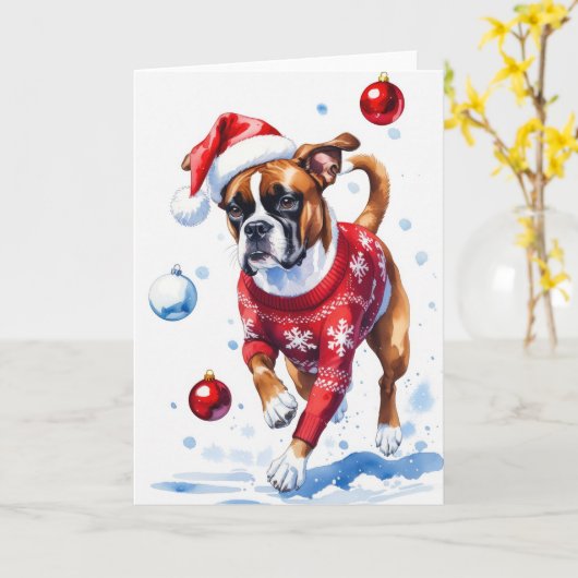 ボクサー犬のクリスマスグリーティング カード (黄色い花)