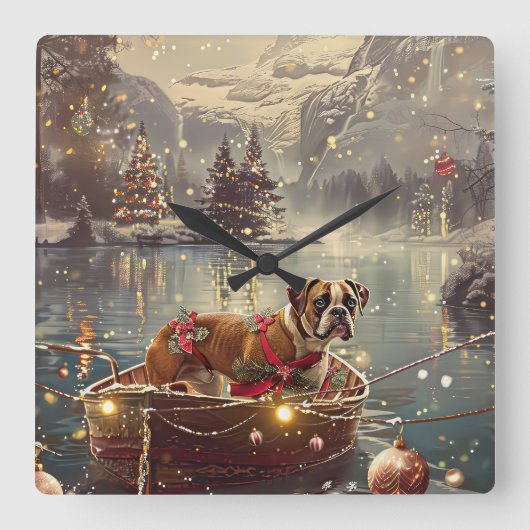 ボクサー犬のクリスマスフェスティブな航海 スクエア壁時計 (正面)