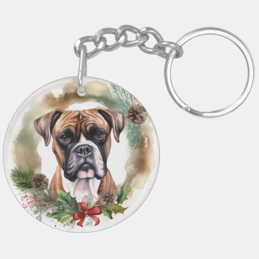 ボクサー犬のクリスマスリース フェスティブな愛犬 キーホルダー (裏面左)