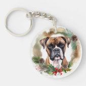 ボクサー犬のクリスマスリース フェスティブな愛犬 キーホルダー (正面)