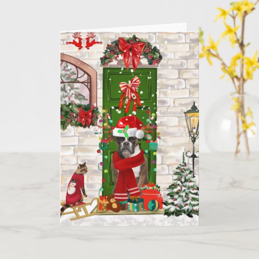ボクサー犬のクリスマス カード (黄色い花)