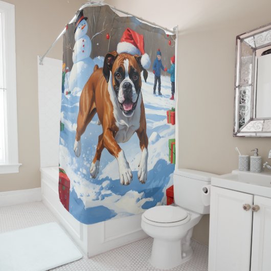 ボクサー犬のクリスマス 雪の祭典 シャワーカーテン (インサイチュ)