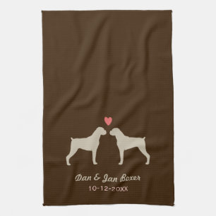 ボクサー犬のシルエットとハートとテキスト キッチンタオル