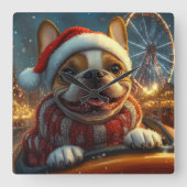 ボクサー犬のジェットコースター クリスマス スクエア壁時計 (正面)