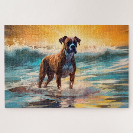 ボクサー犬のビーチサーフィン絵画 ジグソーパズル (横)