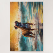 ボクサー犬のビーチサーフィン絵画 ジグソーパズル (縦)
