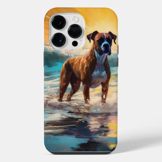 ボクサー犬のビーチサーフィン絵画 iPhoneケース (裏面)