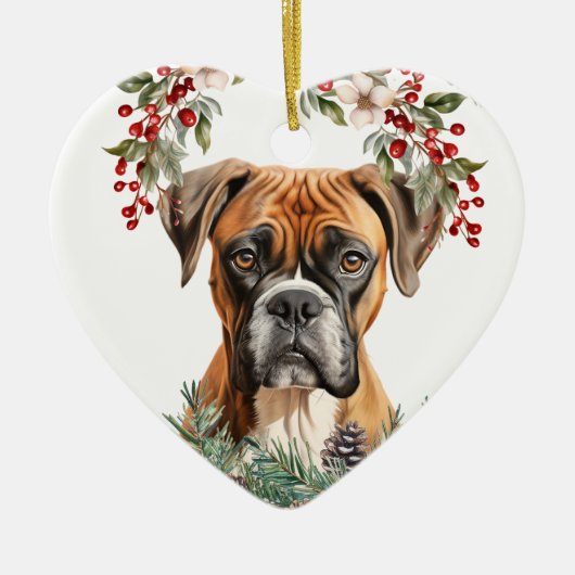 ボクサー犬のホリーの花輪のクリスマス セラミックオーナメント (正面)